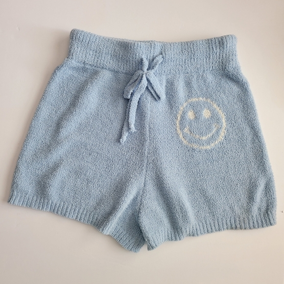 blue b Pants - Soft Blue Knit Women's Lounge Shorts with Smiley Design